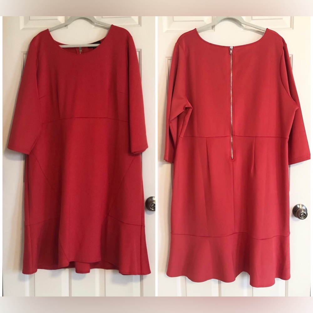 ELOQUII coral scuba dress with flounce hem